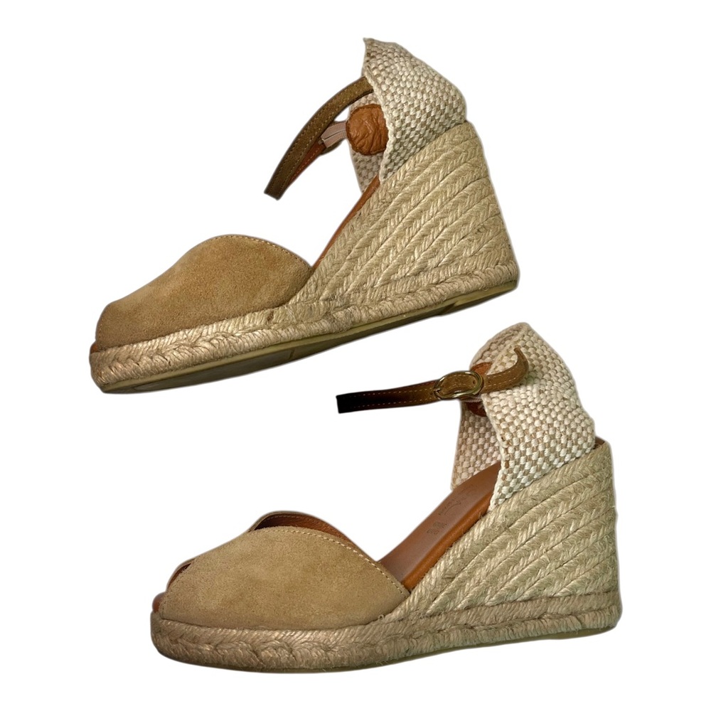 Dalson Tan Suede Peep Toe Wedge Espadrille Sandals Made In Spain Size 6.5 - Picture 11 of 12